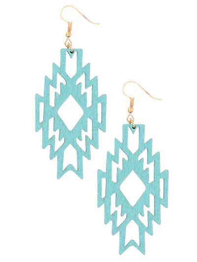 statement gold earrings for women -Teal Wooden Aztec Cutout Design Earrings