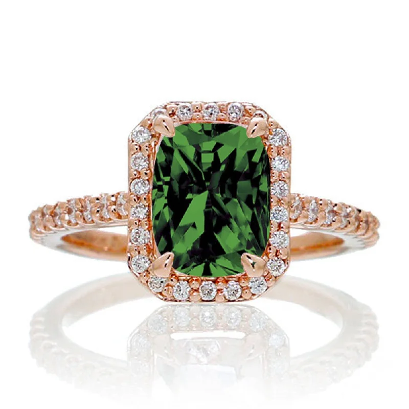 pear cut engagement rings for women -1.5 Carat Emerald Cut Emerald and Moissanite Diamond Halo Engagement Ring on 10k Rose Gold