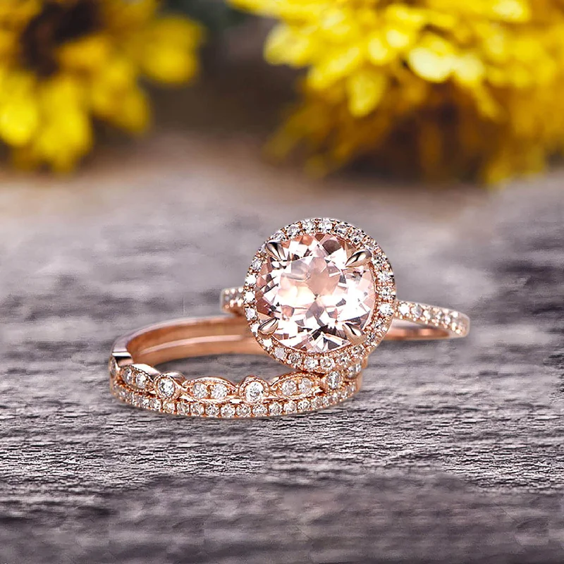 custom-designed engagement rings -Milgrain Art Deco 2 Carat Round Cut Pink Morganite Engagement Ring 10k Rose Gold With Halo Design Stacking Matching Band Gift For Anniversary