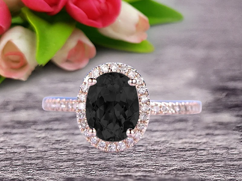 sapphire engagement rings for women -1.50 Carat Oval Cut Black Diamond Moissanite Halo Engagement Ring on 10k Rose Gold