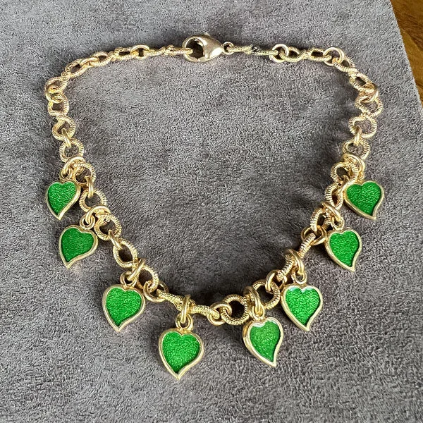 women’s bracelets with charms -Vintage Green Enamel Heart Charm Bracelet