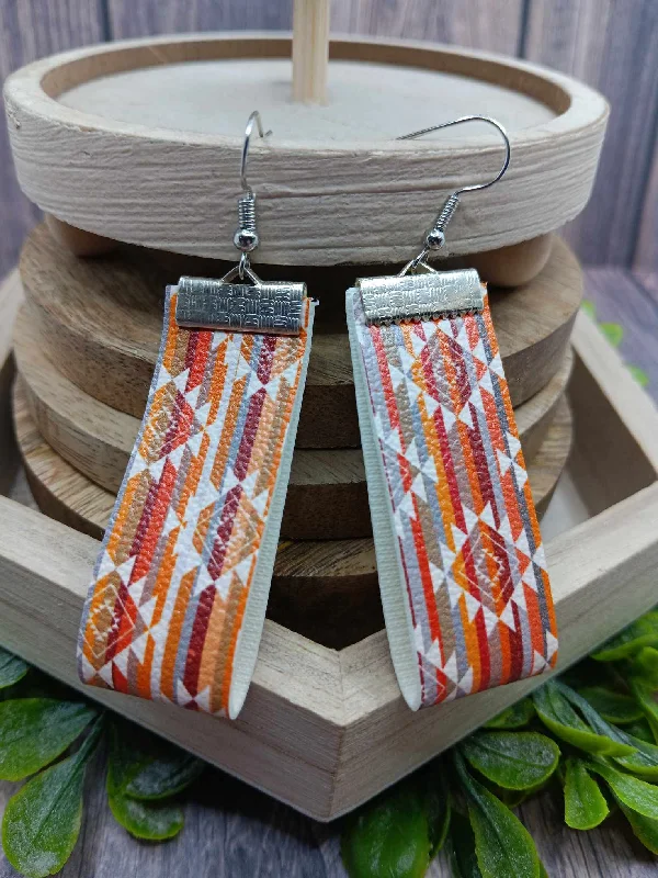 modern earrings for women -Orange, Red, & White Leather Aztec Style Earrings