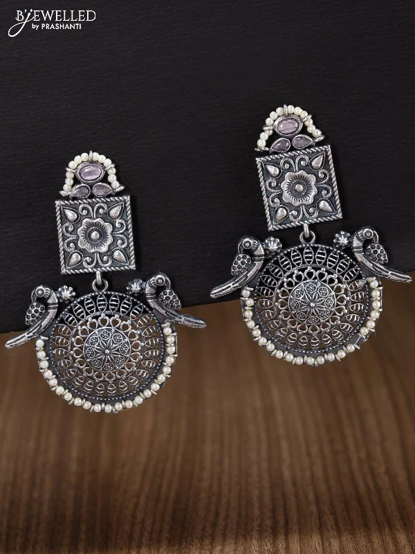 gemstone earrings for women -Oxidised peacock design earring with baby pink stone and pearl