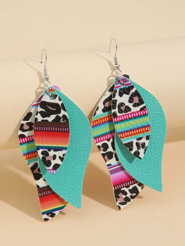 glamorous earrings for women -Triple Layered Multi Colored and Leopard Aztec Leather Style Earrings