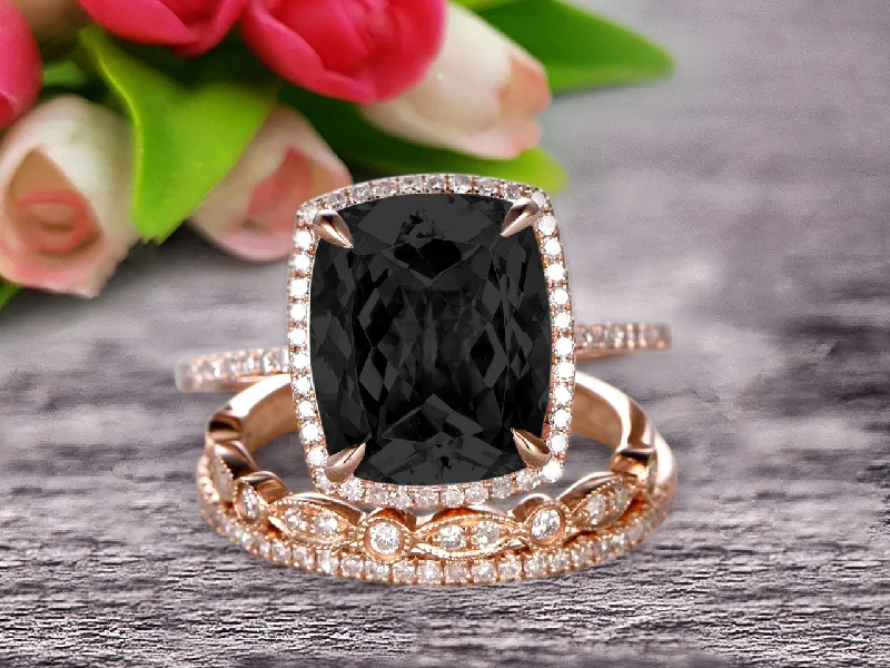 affordable engagement rings -Milgrain Art Deco 2 Carat Cushion Cut Gemstone Black Diamond Moissanite Trio Set Wedding Ring Engagement Ring On 10k Rose Gold Anniversary Ring Surprisingly Ring