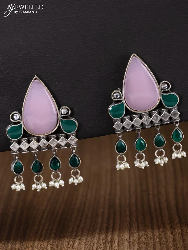 trendy crystal earrings for women -Oxidised pink and green stone earring with pearl hangings