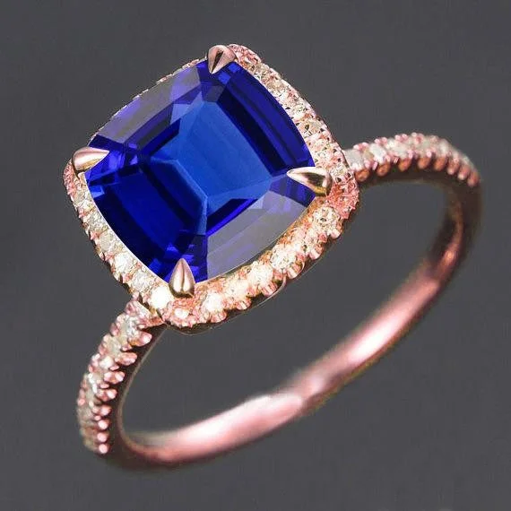 unique engagement rings for women -1.25 ct Blue Sapphire and Moissanite Diamond Engagement Ring in 10k Rose Gold