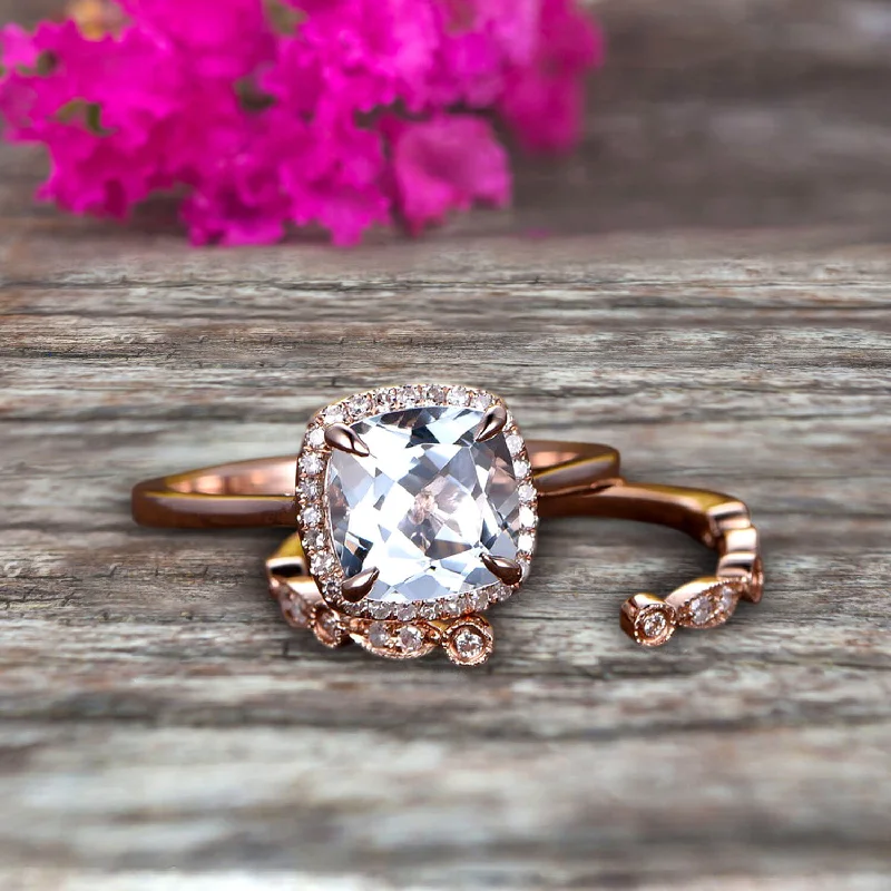 beautiful emerald engagement rings -10k Rose Gold Anniversary Gift Art Deco 1.50 Carat Cushion Cut Aquamarine Wedding Engagement Ring With Matching Band Bridal Set