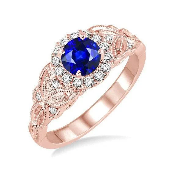 princess cut engagement rings for women -Limited Time Sale Antique Vintage design 1.25 Carat Blue Sapphire and Moissanite Diamond Engagement Ring in 10k Rose Gold for Women on Sale