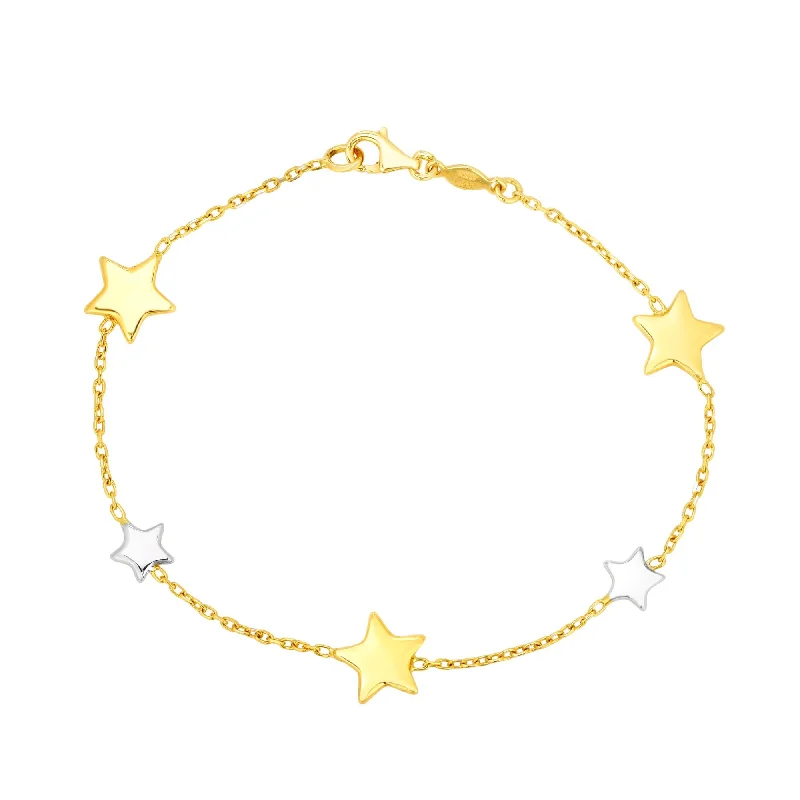 customized bangles for women -14kt Gold 7.5 inches Yellow+White Rhodium Finish 9.6mm Shiny Star Star Stationed Bracelet with Lobster Clasp