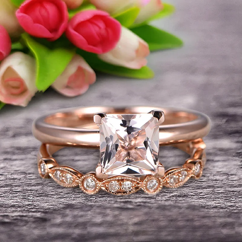 women’s stackable engagement rings -Bridal Set 1.25 Carat Princess Cut Morganite Solitaire Engagement Ring With Matching Wedding Band On 10k Rose Gold Art Deco Shining Startling Ring