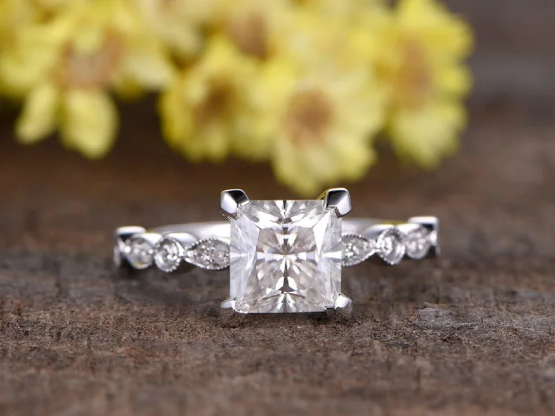 radiant cut engagement rings -Vintage Design 1.25 Ct Princess Cut Moissanite Diamond Engagement Ring in 10k White Gold