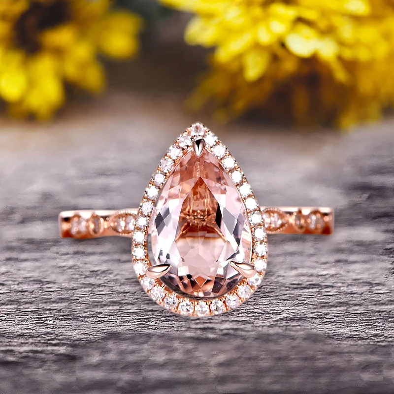 trendy engagement rings for women -1.50 Carat Pear Shape Pink Morganite Engagement Ring Art Deco Wedding Ring 10k Rose gold Milgrain Anniversary Ring Halo Design