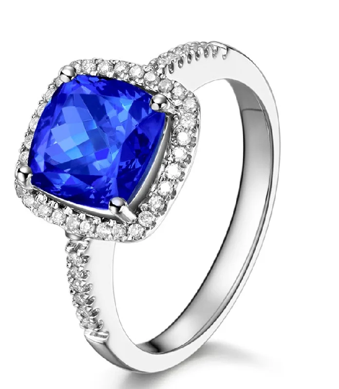 wedding set engagement rings -2 Carat cushion cut Blue Sapphire and Moissanite Diamond Halo Engagement Ring in White Gold