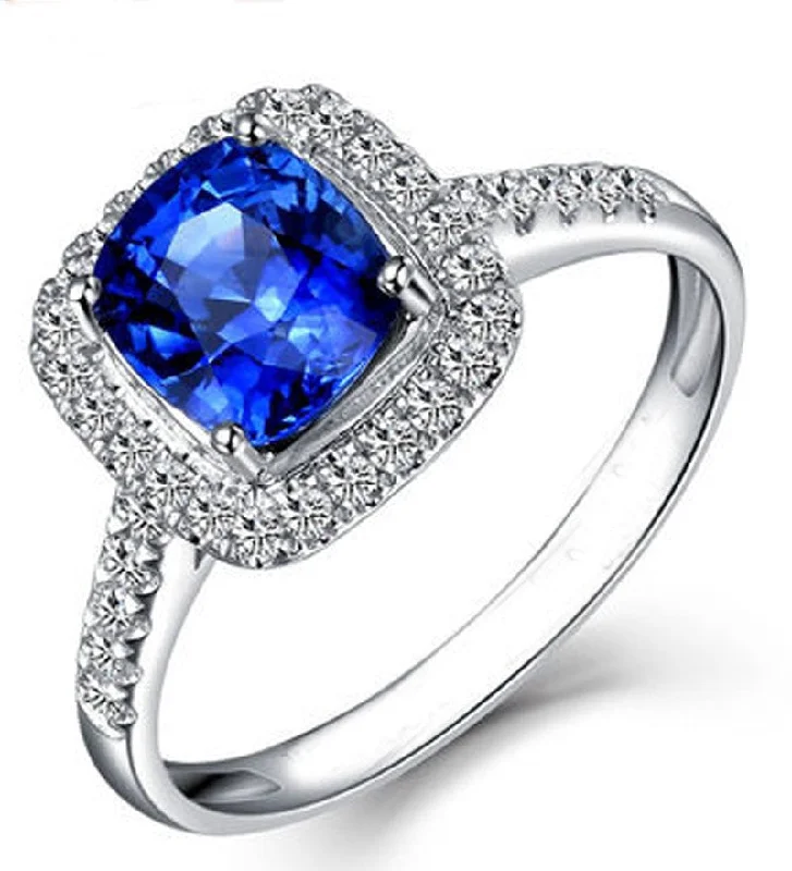 sapphire engagement rings for women -2 Carat Classic oval cut Sapphire and Moissanite Diamond Halo Engagement Ring in White Gold