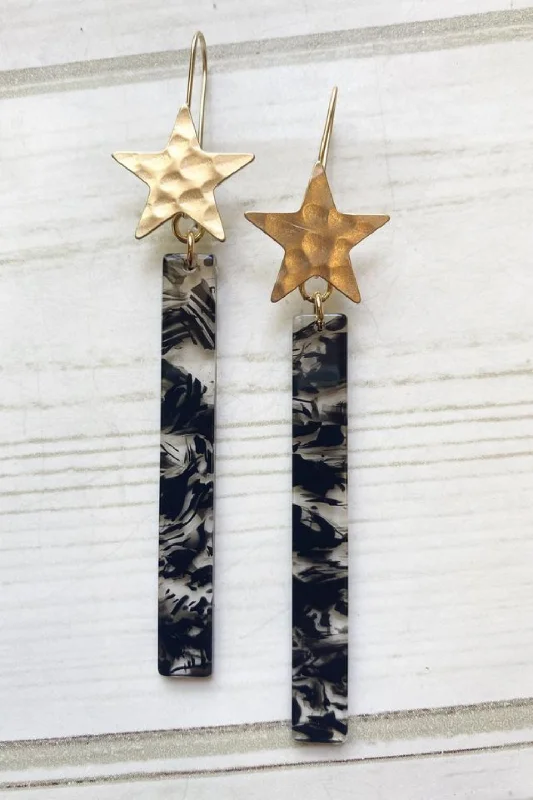 simple earrings for women -GOLD HAMMERED STAR | BLACK BRANCH ACRYLIC BAR