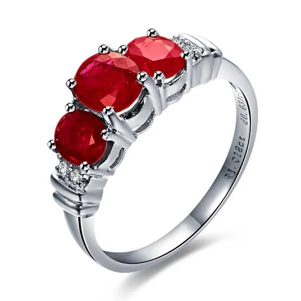 wedding ring sets for women -Three Stone Ruby and Moissanite Diamond Engagement Ring on 10k White Gold