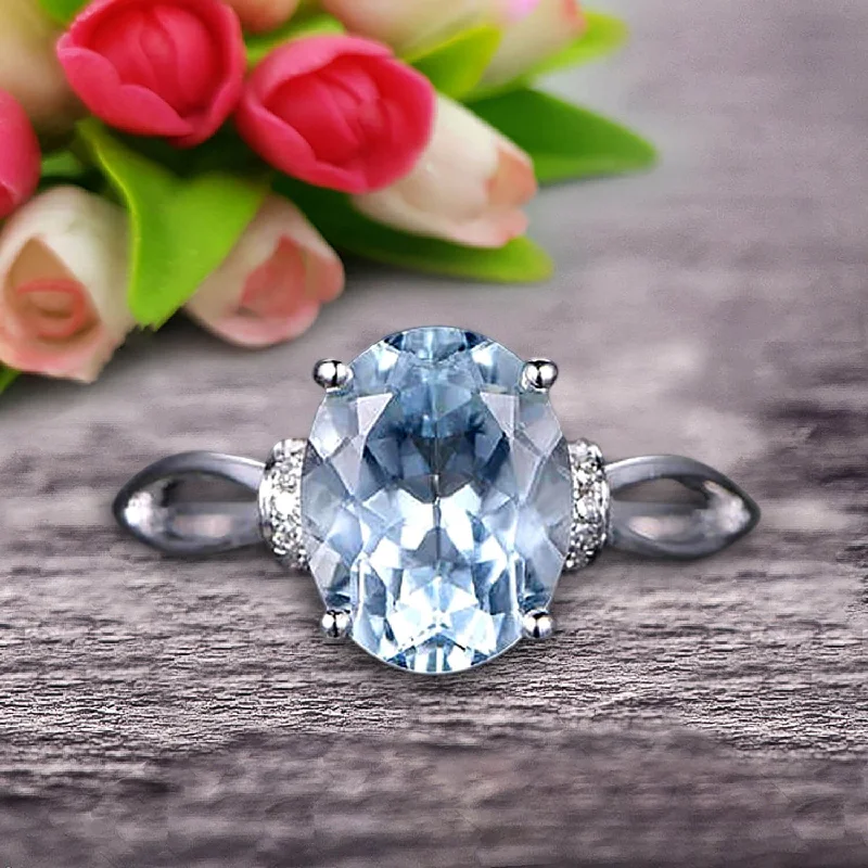 vintage diamond engagement rings -Oval Shape Gemstone Promise Ring 1.25 Carat Aquamarine Engagement Ring Anniversary Gift On 10k Rose Gold Art Deco