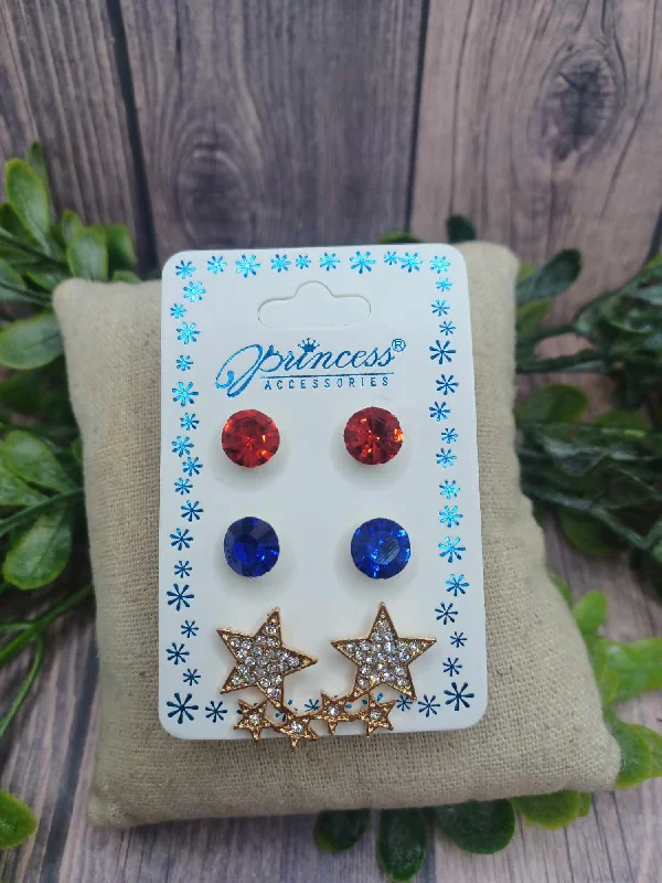 butterfly earrings for women -Red Rhinestone, Blue Rhinestone, & Gold Star Cluster Earrings Sets - Comes with 3 pairs