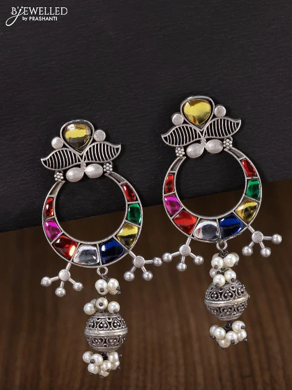 hoop earrings for women -Oxidised chandbali earring with multicolour stone and pearl hangings