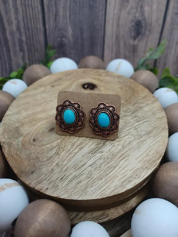 colorful earrings for women -Copper Floral Design Earrings w/ Turquoise Crackle Stone Center