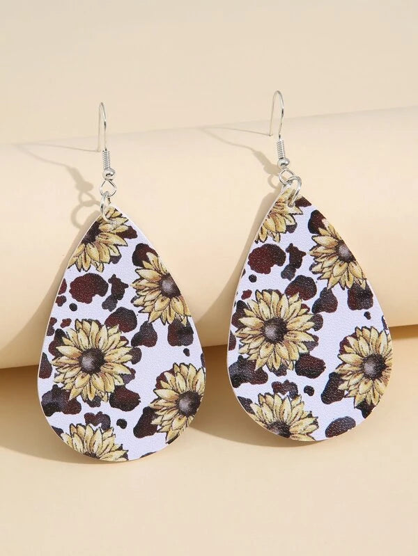 layered earrings for women -Sunflower Cow Print Leather Style Earrings