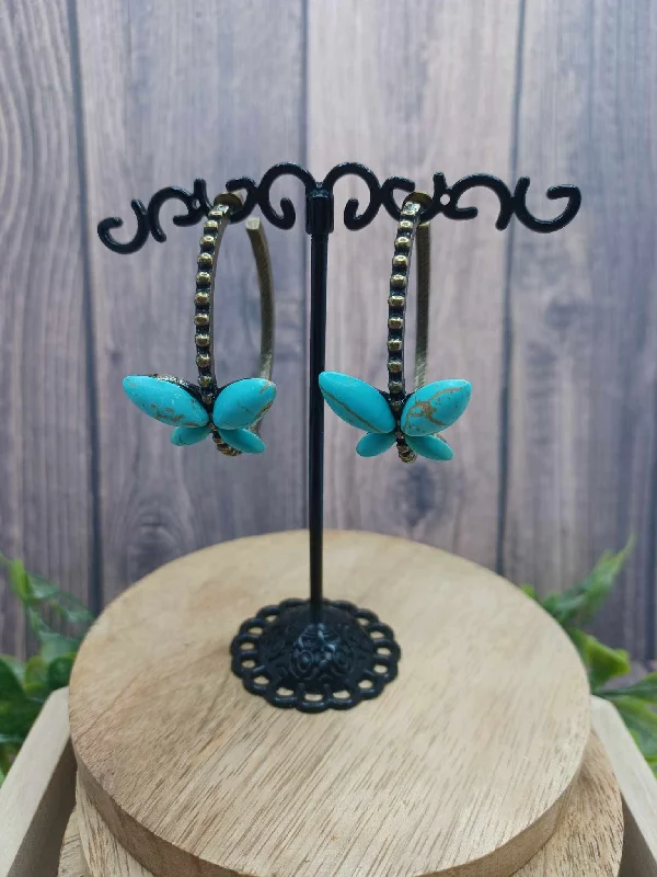 simple earrings for women -Brass Hoop Earrings w/ Turquoise Crackle Stone Butterfly