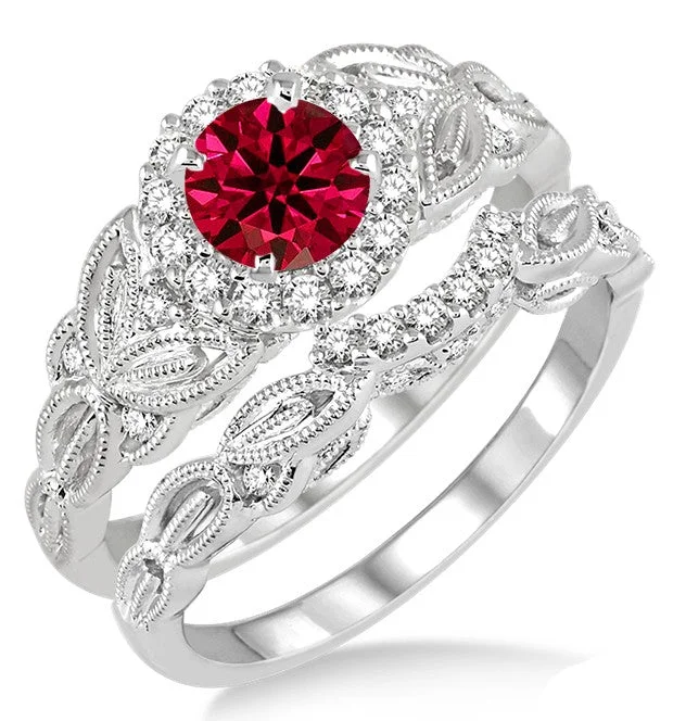 princess cut engagement rings for women -1.25 Carat Ruby Vintage floral Bridal Set Engagement Ring on 10k White Gold