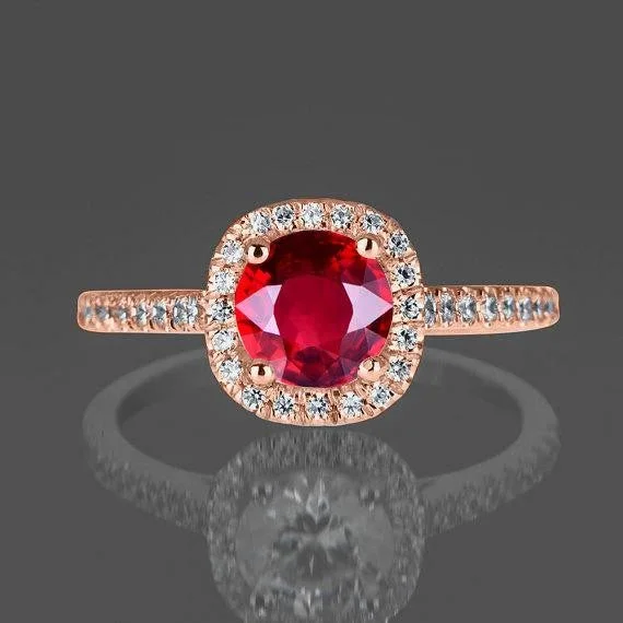 statement engagement rings -1.25 Carat Red Ruby and Moissanite Diamond Engagement Ring in 10k Rose Gold for Women