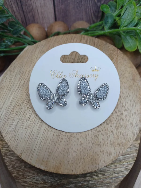 studded earrings for women -White Rhinestone Butterfly Earrings