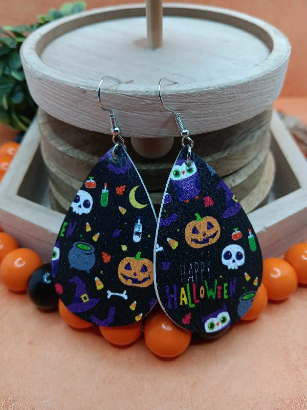 sparkling hoop earrings for women -Black Happy Halloween Earrings w/ Skulls & Jack O' Lantern