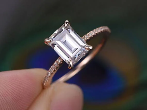 colorful gemstone engagement rings -Art Deco 1.25 Carat Emerald Cut Moissanite Diamond Engagement Ring in Semi Eternity Rose Gold