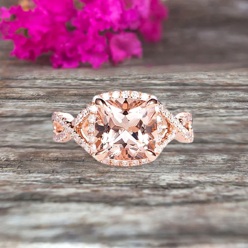 emerald-cut diamond engagement rings -Staggering Looking Cushion Cut Morganite Engagement Ring 10k Rose Gold Halo Wedding Ring Anniversary Promise Surprisingly Ring