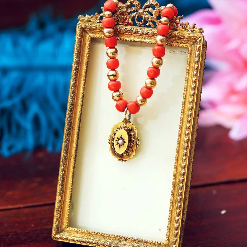 gemstone pendant necklaces for women -Antique Etruscan Revival Mediterranean Coral Necklace