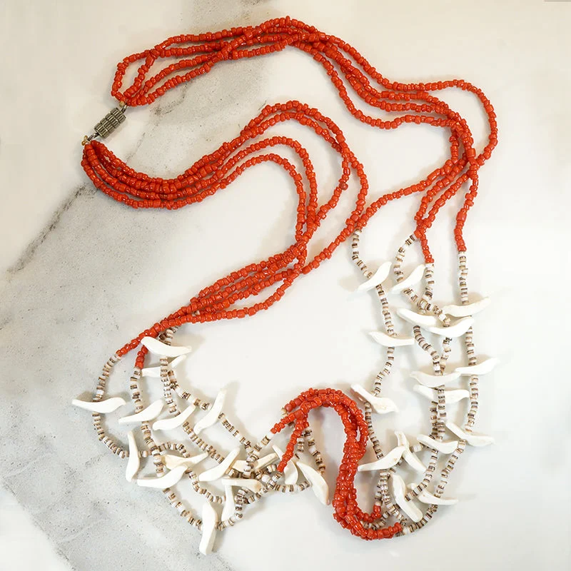 layered chain necklaces for women -White Birds on Red Glass Bead Fetish Necklace