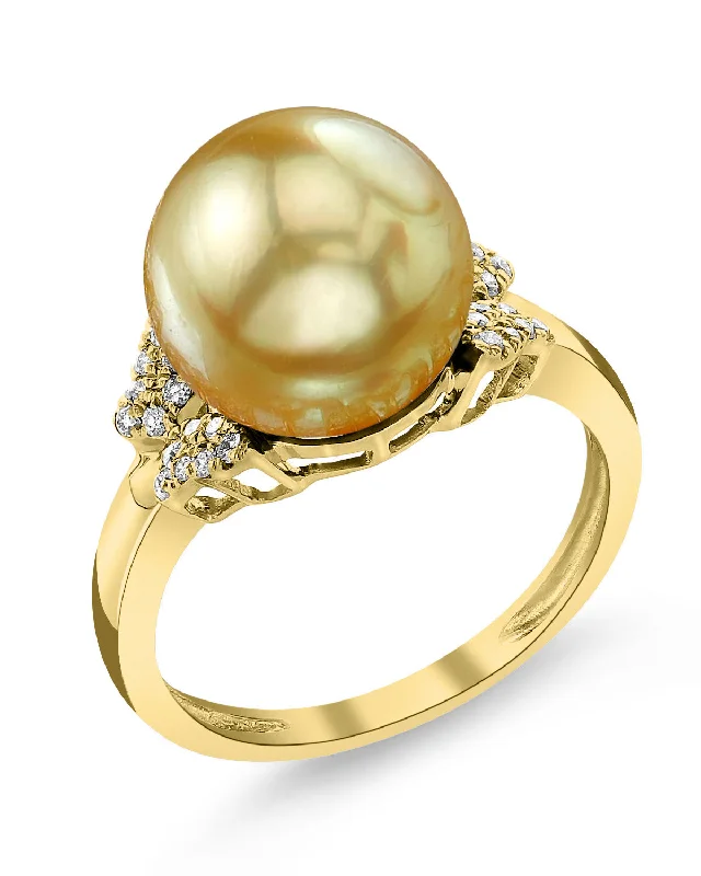 gold wedding rings for women -Golden South Sea Pearl & Diamond Papillon Ring