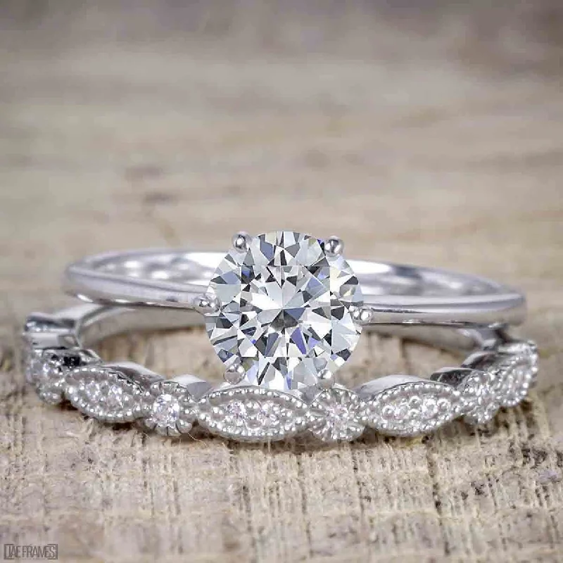 gemstone and diamond engagement rings -Vintage Design 1.25 Carat Round Cut Moissanite Diamond Engagement Ring in 10k White Gold