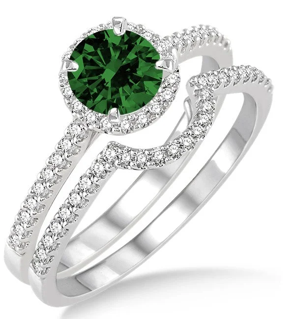 vintage-inspired engagement rings -2 Carat Emerald Halo Bridal Set Engagement Ring on 10k White Gold