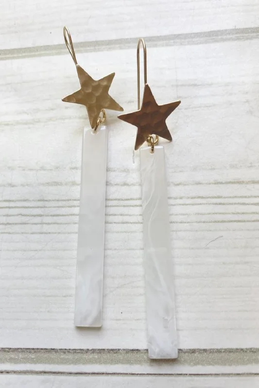 women’s bridal earrings -GOLD HAMMERED STAR | WHITE SMOKE ACRYLIC BAR