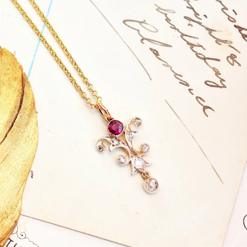 double chain necklaces for women -Beautiful Antique Art Nouveau Ruby & Diamond Pendant