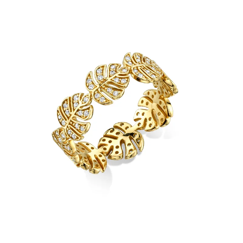 statement gemstone rings for women -Gold & Diamond Monstera Leaf Eternity Ring