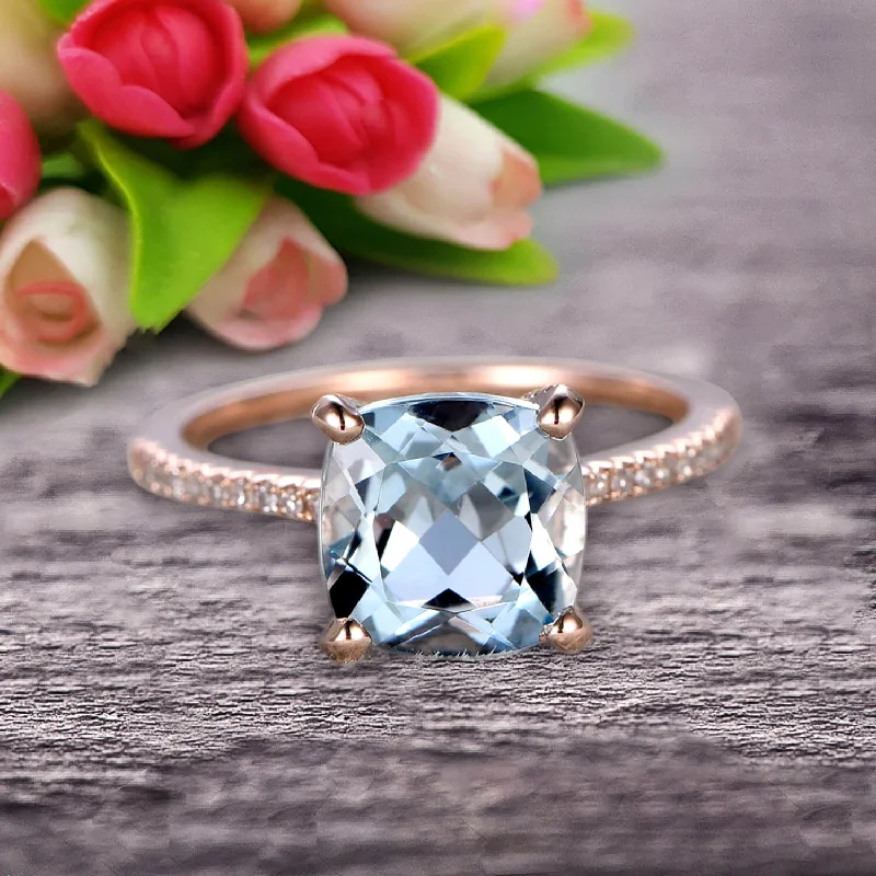 engagement rings with colored diamonds -Cushion Cut 1.50 Carat Aquamarine Engagement Ring Anniversary Gift 10k Rose Gold Curved Basket Under