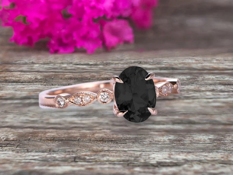 mixed metal engagement rings -Oval Cut Art Deco 10k Rose Gold Anniversary Gift Personalized for Brides 1.25 Carat Wedding Ring Black Diamond Moissanite Engagement Ring