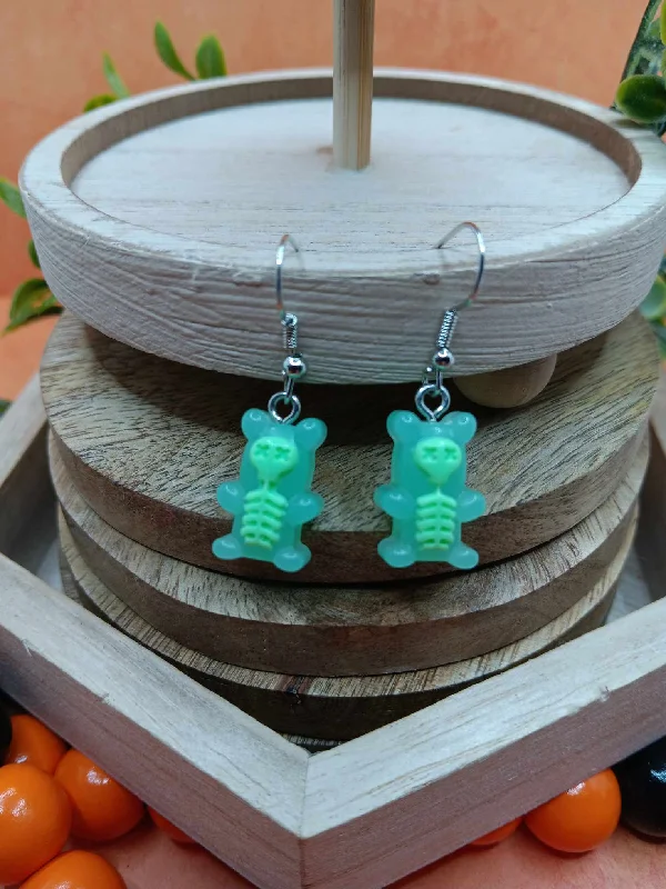 unique earrings for women -Green Gummy Bear Skeleton Earrings