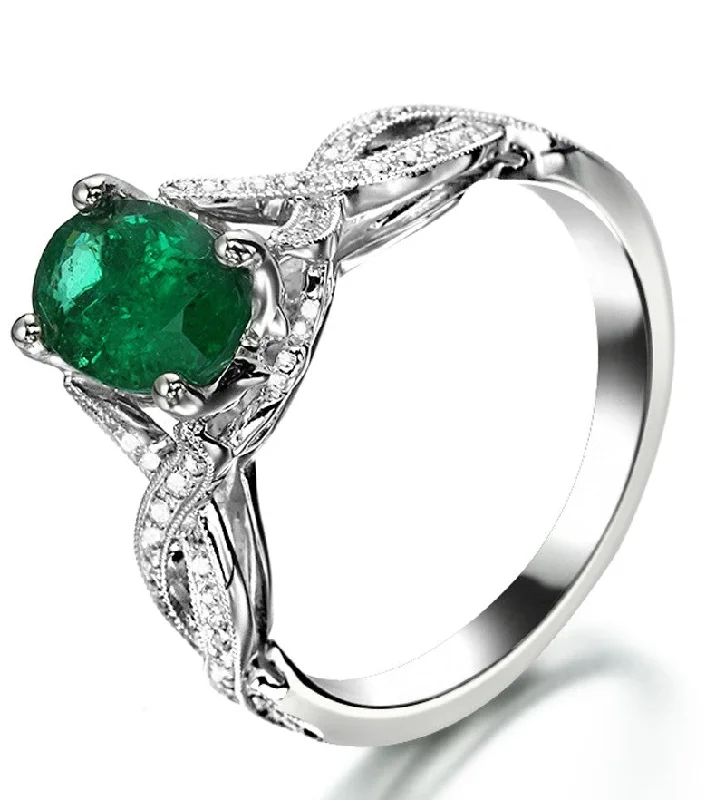 women’s engagement rings -Infinity design 2 Carat Emerald and Moissanite Diamond curved Engagement Ring in White Gold