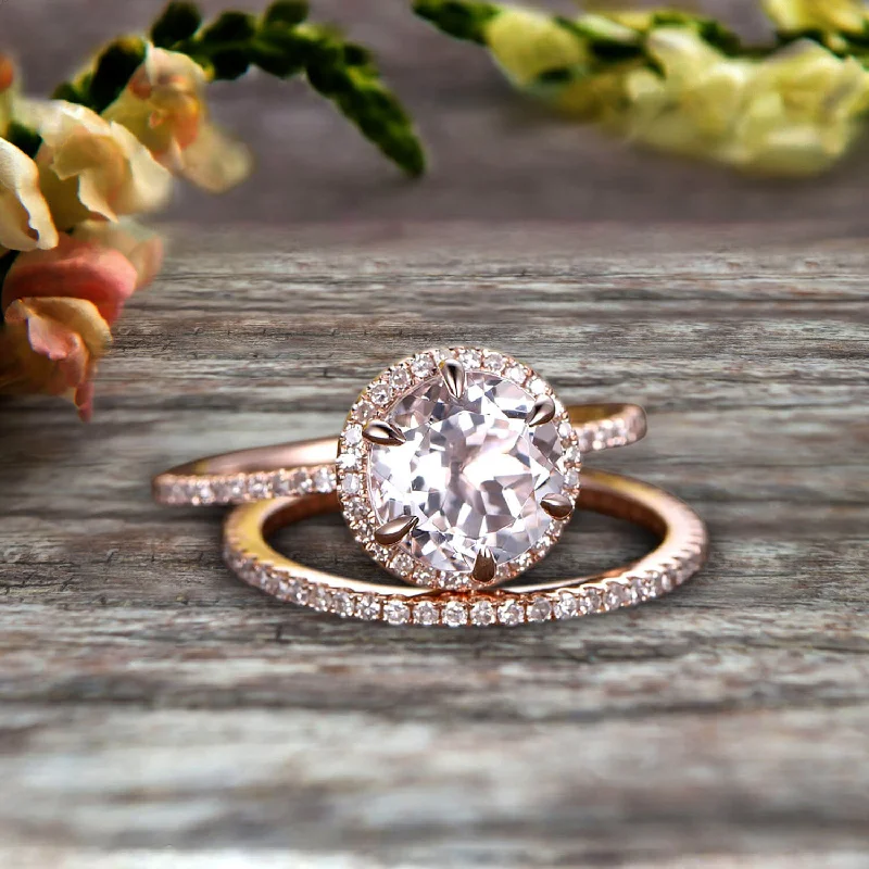 fancy cut engagement rings -1.75 Carat Round Morganite Bridal Set 10k Rose Gold Engagement Ring Halo Stacking Matching Band Promise Ring Anniversary Ring Surprisingly Ring