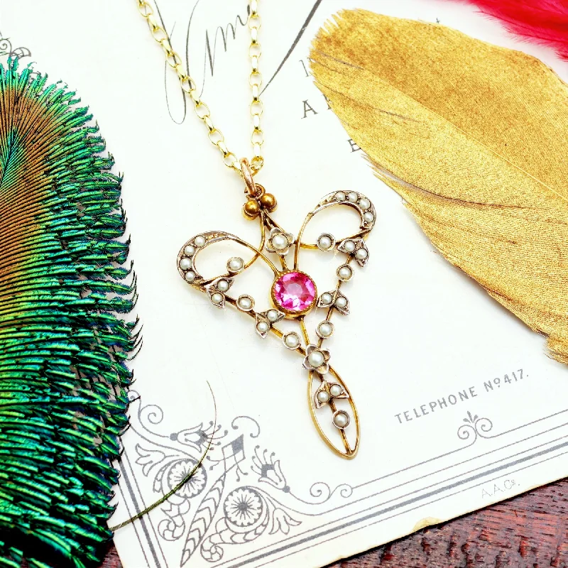 women’s engagement pendant necklaces -Edwardian Seed Pearl & Pink Paste Pendant & Chain