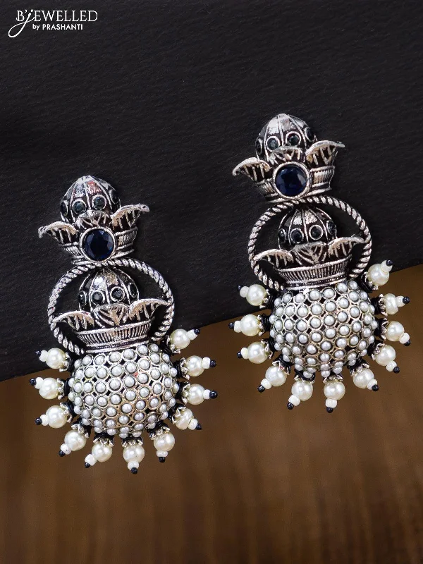 layered earrings for women -Oxidised earring with sapphire stones and pearl