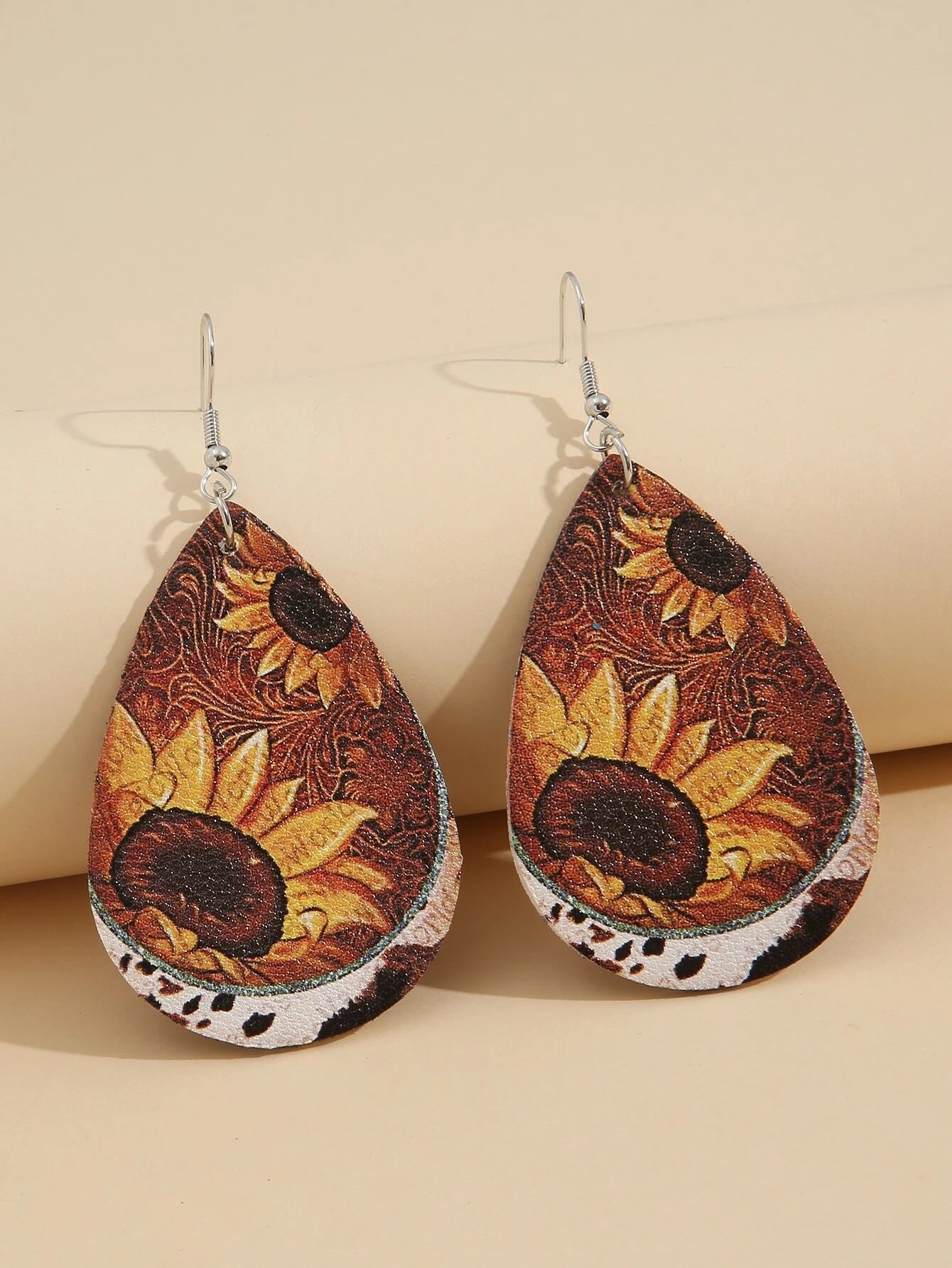 women’s chandelier earrings -Sunflower Cow Print Leather Style Earrings