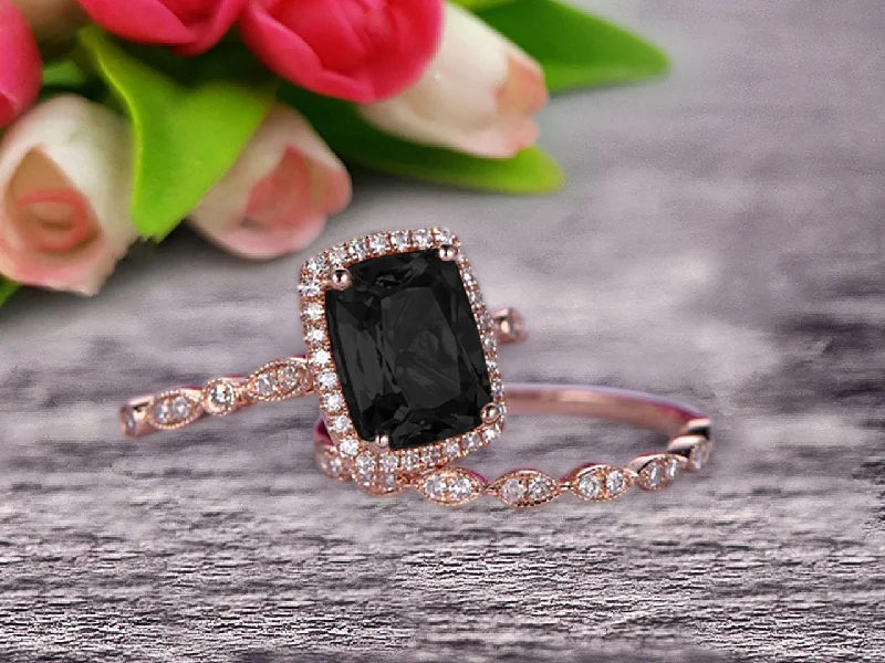 two-tone engagement rings -Bridal Set Cushion Cut Black Diamond Moissanite Engagement Ring Set On 10k Rose Gold Art Deco Style Anniversary Gift